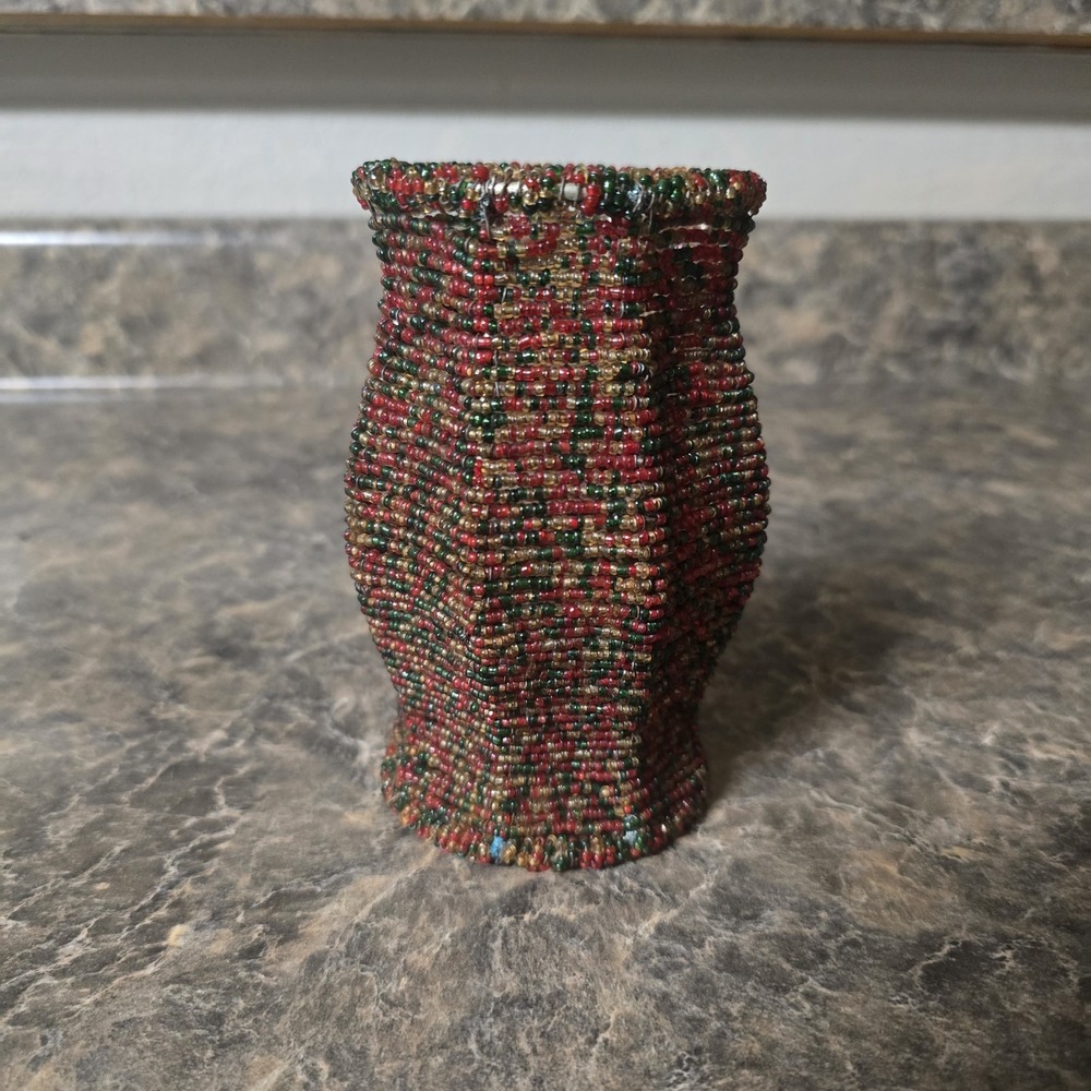 Handmade Glass Seed Bead Wire Sleeve Cover Red Green Gold Boho Folk Art 6"